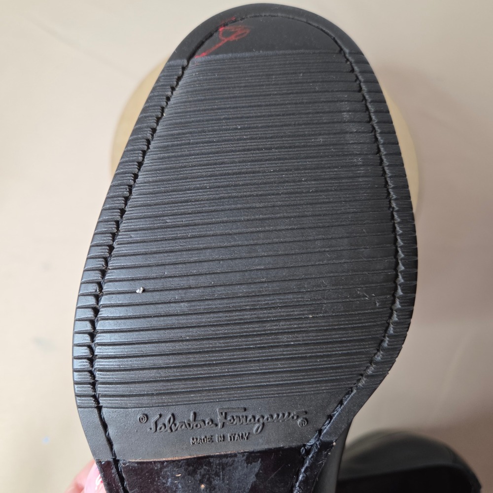 Salvatore Ferragamo Black Leather Block Heel Loafers Gold Logo Italy women 6.5B - Picture 7 of 15